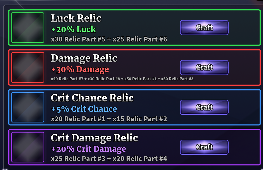 Chế tạo 4 relic ( dmg, crit, crit dmg, luck )